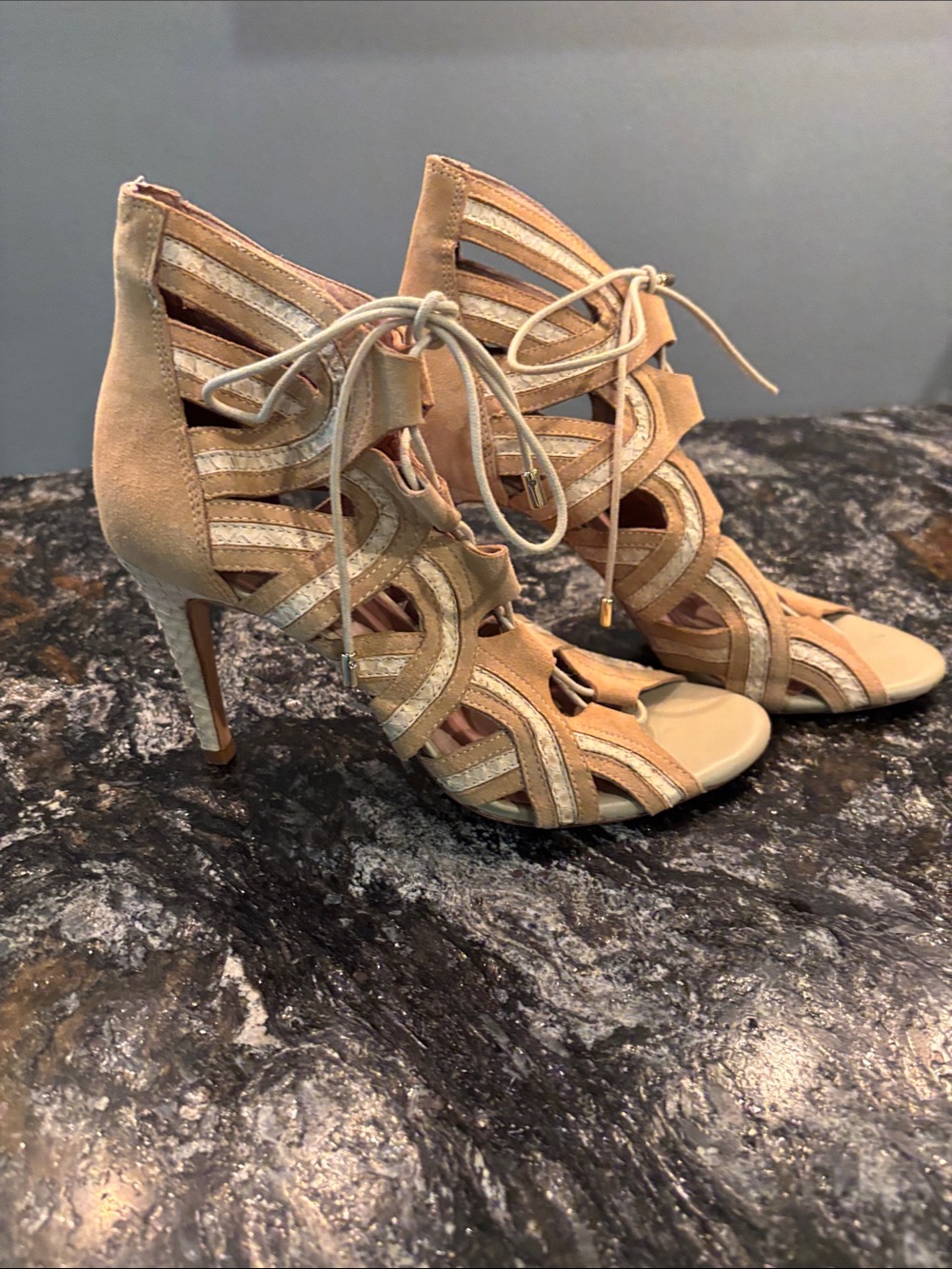 Joie Beige and Cream Lace-Up Strappy High Heels
